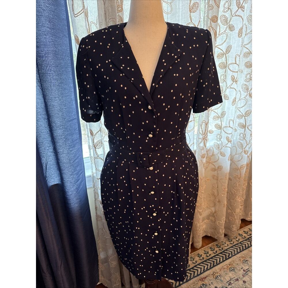 Debra Michaels Midi Pencil Dress Womens Size 12 Navy Blue with Beige Polka Dots